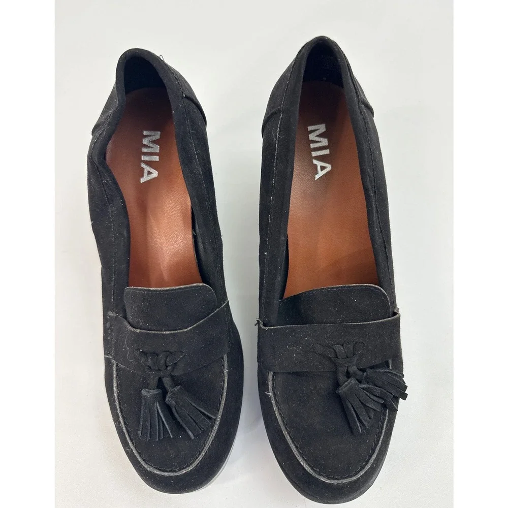 MIA Black Suede Tassel Loafer Block Heel Pumps Women's Size‎ 7.5M Shoes